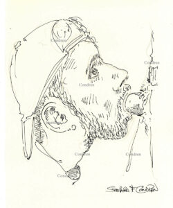 Pen & ink drawing of a young hot gay boy sucking a big hairy dick. He is wearing a ball cap, and his eyes are wide opened.