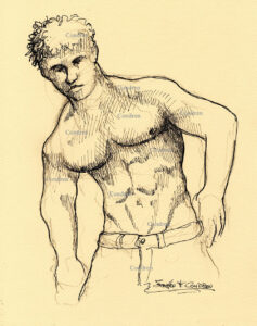 Shirtless male with pecs is a hot dude. Hard body boy has a muscular torso with a chiseled six-pack set of abs and deltoids. Shirtless male looks, gay male figure drawing. 