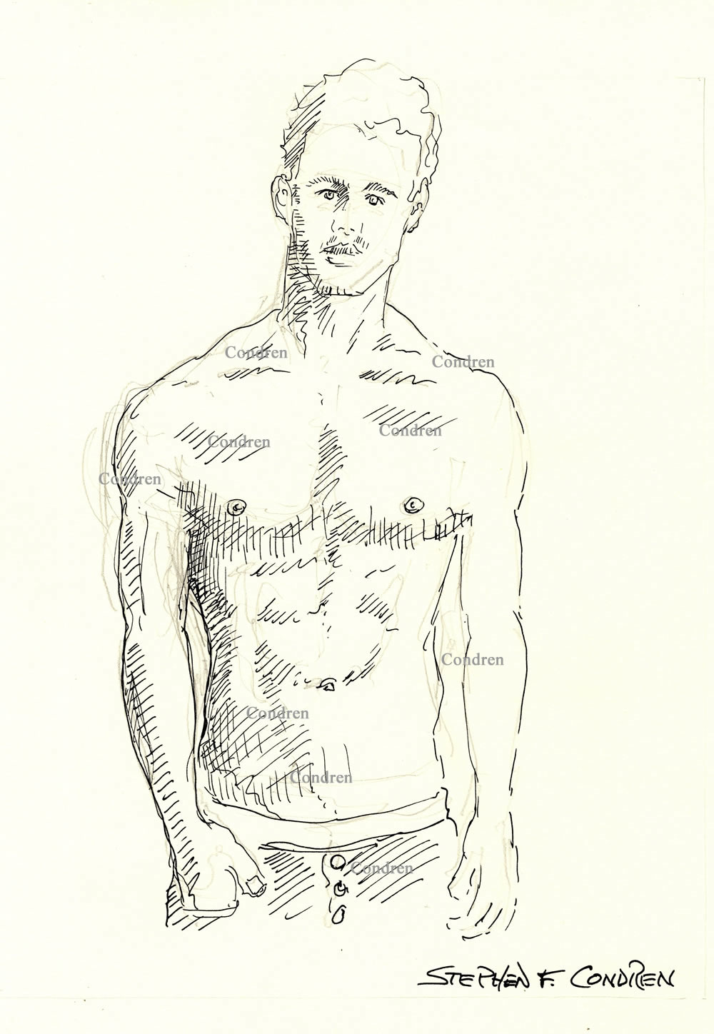 Janis Danner pen & ink figure drawing as a muscular, fit, shirtless male. His Linea alba runs from his pecs to his pelvis. Gay male figure drawing.