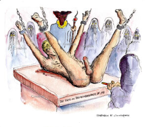 Satan sacrifices a gay man on an alter with his demons watching. Devil claws uncut cock.