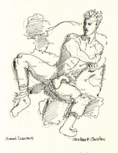 Simon Dexter Naked on a Bed Showing His Penis Pen & Ink Figure Drawing. He has a muscular body and fit Linea alba. Naked dude hardon.