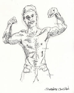 Pen & ink drawing of a hot shirtless male. He has a muscular torso with a chiseled set of abs and firm pecs. He is cute. Shirtless male in jeans. Gay male figure drawings.