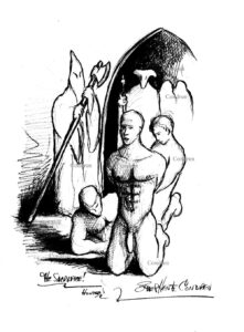 Pencil figure drawing of a nude gay man being sacrificed to Satan. He has a muscular physique and a 6-pack set of abs. Devils kill gay men.
