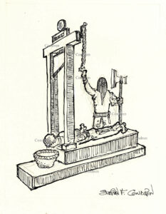 Pen & ink drawing of a guillotine. This has been the instrument of death for BDSM villains of gay men. Gay male figure drawing.