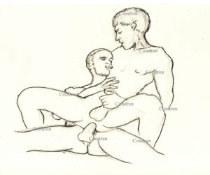 Pen & ink drawing of two hot gay guys fucking in the ass. They are muscular with chiseled torsos and 6-pack set of abs. Gay male figure drawing. Dad fucking his boy. 