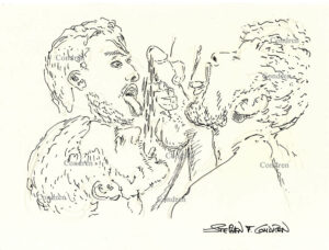 4-way gay clusterfuck pen & ink drawing. Naked dude pays homage, gay male pencil figure drawing. 