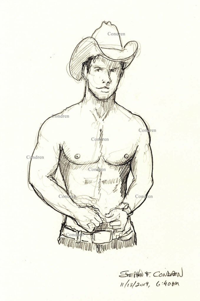 Pencil figure drawing of a very sexy and hot shirtless cowboy. He is very cute and has the physique of a gymnast. Gay male figure drawing.