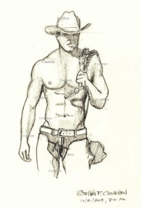 Pencil figure drawing of a hot shirtless cowboy. He has a muscular body with a 6-pack set of abs and firm pecs. Shirtless cowboy with chiseled torso and pecs gay male pencil figure drawing. 