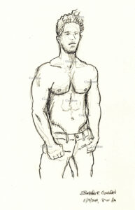 Pencil figure drawing of very hot and fit shirtless male. He has the physique of a gymnast, and he is very buff and hot. Gay male figure drawing.