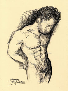 Pen & ink figure drawing of a fit nude male. Pen & ink figure drawing of a fit nude male. He has the physique of a gymnast, and he is very fit and hot. Gay male figure drawing.