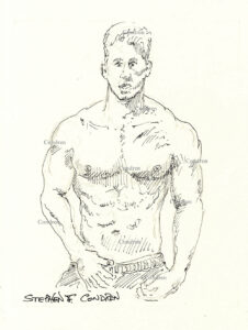 Pen & ink figure drawing of a fit and muscular shirtless male with massive pecs and nipples. He is hot and handsome. Shirtless male looks, gay male figure drawing. 