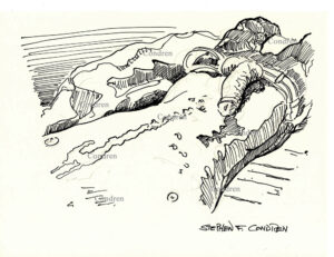 Pen & ink figure drawing of a shirtless young man that has just jacked off and shot his hot load of cum on his chest. Hard cock in t-shirt, gay pen & ink watercolor male figure drawing. 