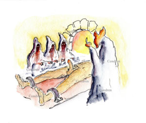 Satan sacrificing a gay man with a hard cock in fiery furnace pen & ink watercolor.
