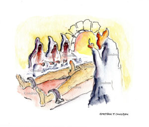Satan sacrificing a gay man with a hard cock in fiery furnace pen & ink watercolor. Devil claws uncut cock.