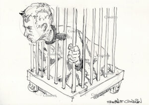 Sexy boy in cage for gay BDSM party.