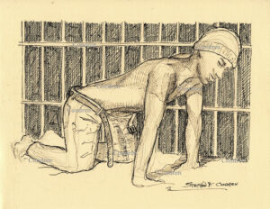 Hot shirtless prison boy on his knees, pen & ink drawing. Hot shirtless prison boy on hands and knees. Gay male figure drawing. Chained naked prisoner, gay male pencil figure drawing.