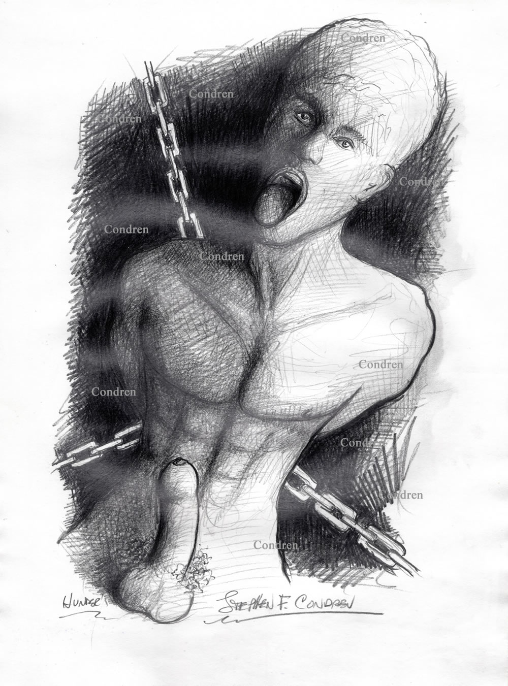 Pencil drawing of a hot young gay boy in chains for BDSM sex torture. He is muscular with 6-pack set of abs. Gay male figure drawing.