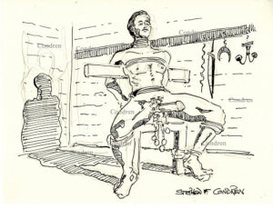 Naked boy strapped for BDSM sex torture. Gay male figure drawing. Bounded naked muscular man for BDSM sex. 