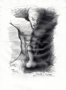 Boy kept in bondage. Pencil drawing. Naked lad in cage.