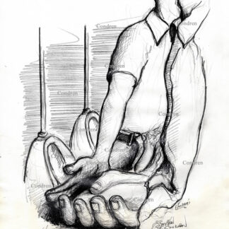 Boys stroking at urinals in public. Gay male figure drawing.