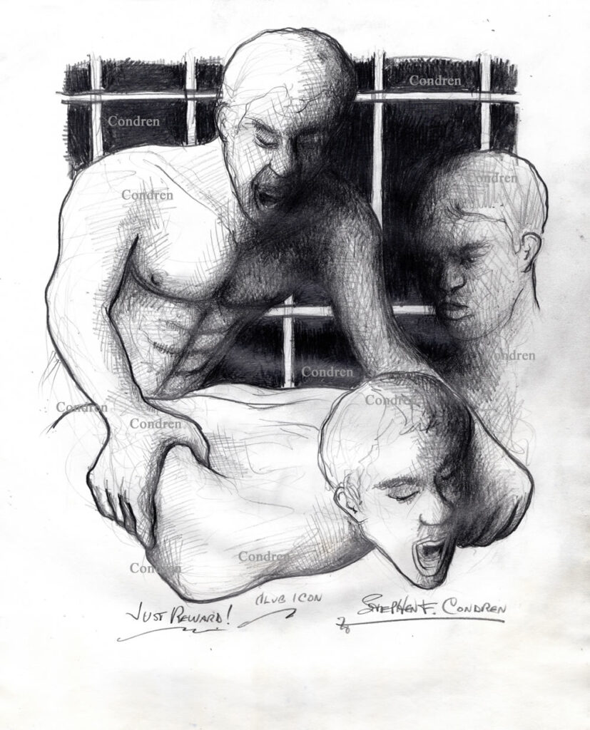 Jail cell gang bang of a naked inmate in his cell block pencil drawing.