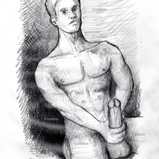 Naked gay boy caught jacking off naked with both hands. Pencil gay male figure drawing.