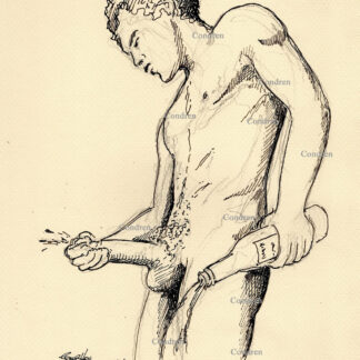 Naked drunk boy jacking off as he pours a bottle of hard liquor on the ground, pen & ink gay male figure drawing.