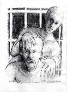 Gay jail rape of a naked inmate in his cell block. Prison cell gang bang, gay male pencil figure drawing. 