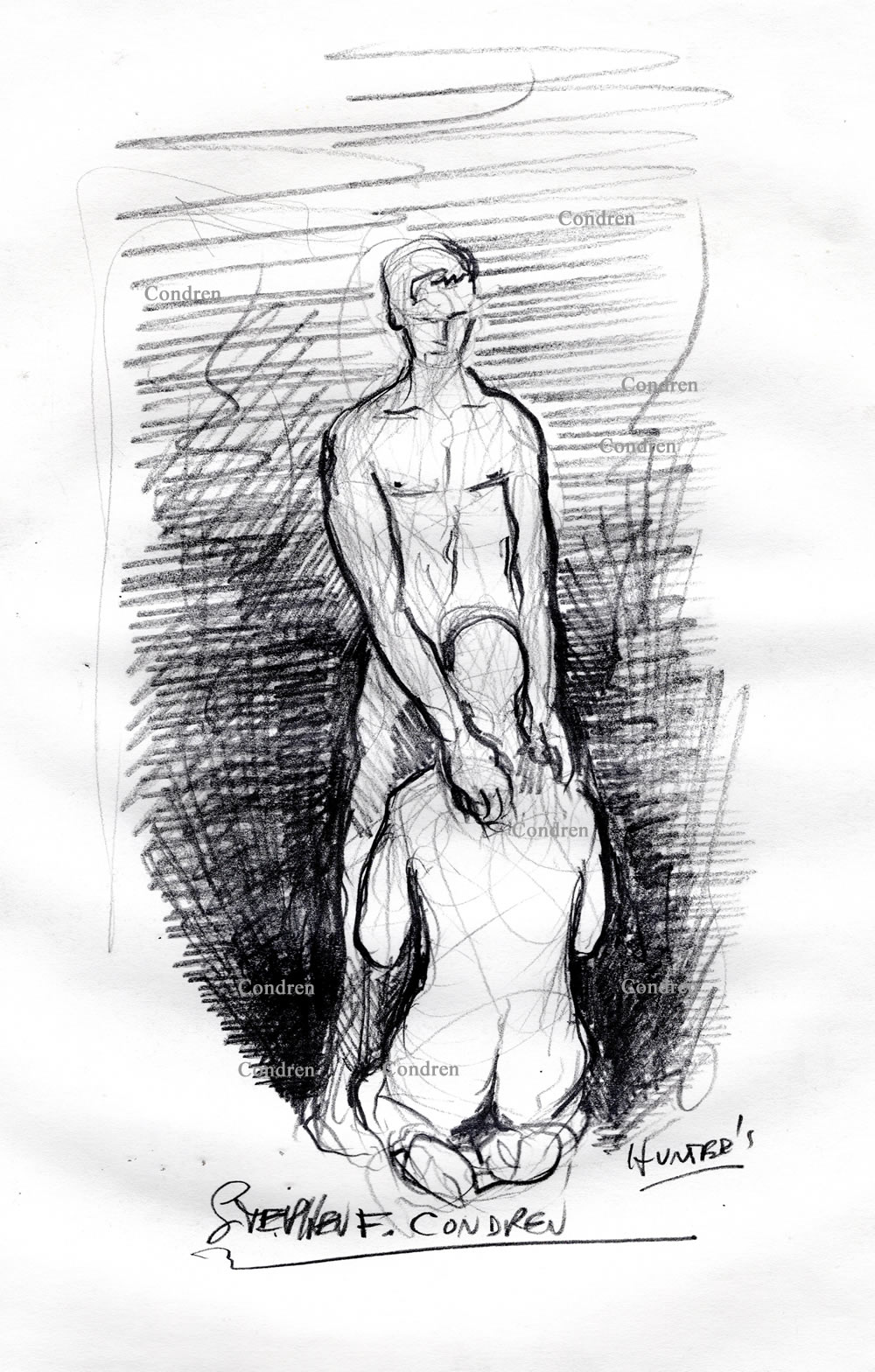 Boy on his knees sucking his brother's cock. Pencil gay male figure drawing.