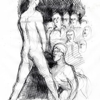 Group pisses on boy at gay orgy. Pencil gay male figure drawing.
