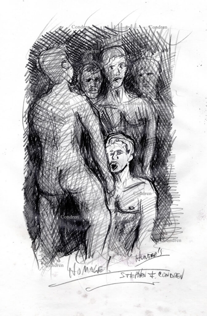 Naked boy pays homage to his naked sex master's at a gay slave-master orgy. Pencil figure drawing.
