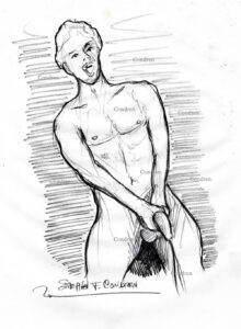Hot boy pissing with his big, hairy uncut cock. Pencil figure drawing.