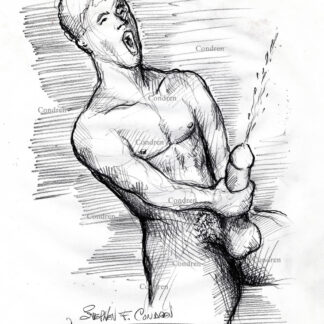 Naked boy jacking off his big hairy cock as he shoots his load. Pencil gay male figure drawing.
