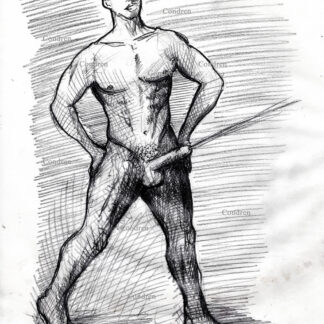 Naked boy pissing with an erection while standing with his legs spread wide open. Pencil gay male figure drawing.