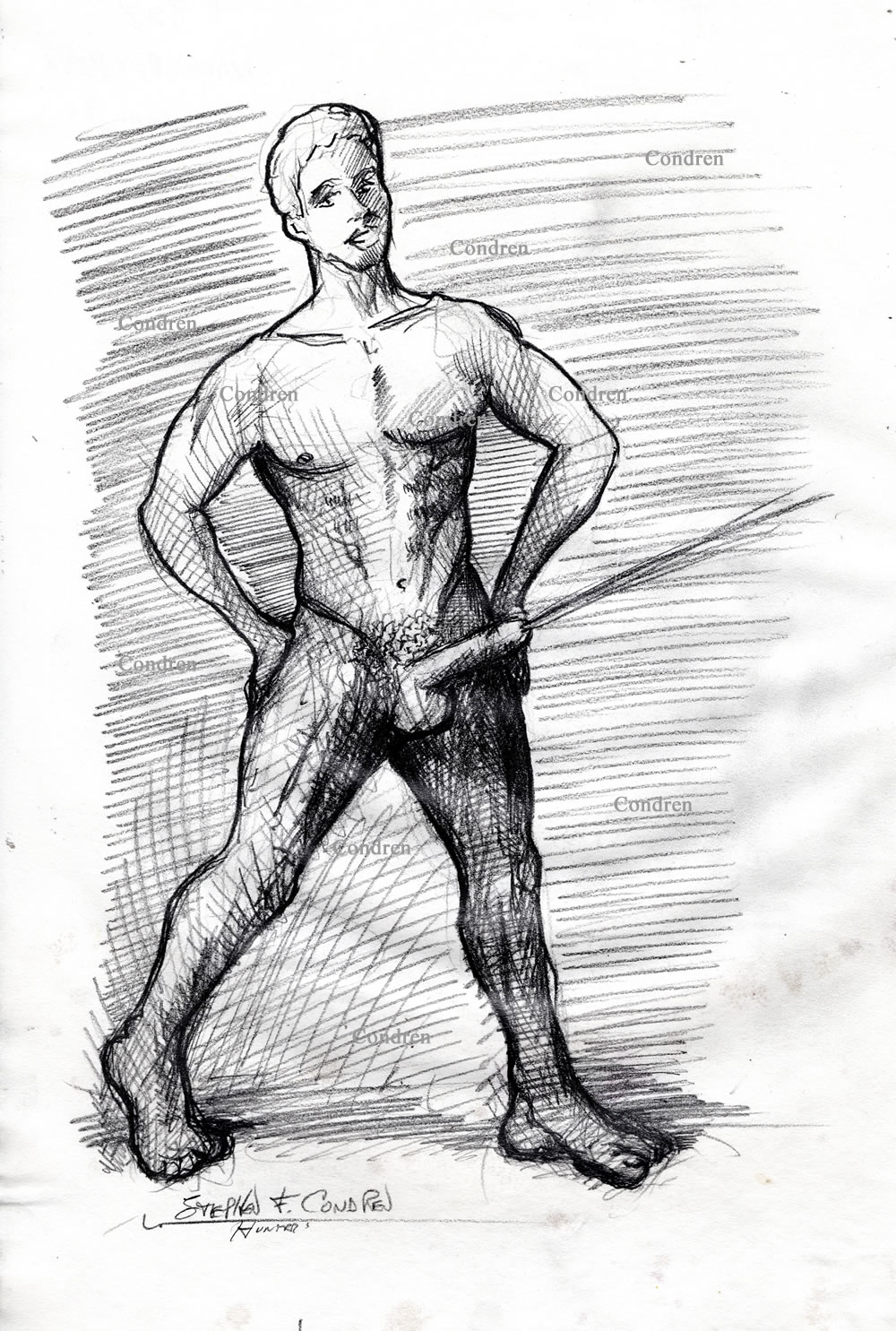 Naked boy pissing with an erection while standing with his legs spread wide open. Pencil gay male figure drawing.