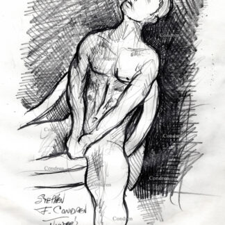 Naken man jacking off in bathtub with muscular physique. Pencil gay male figure drawing.