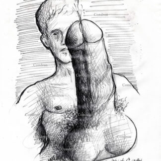 Naked boy jacking giant cock with big hairy balls. Pencil gay male figure drawing.