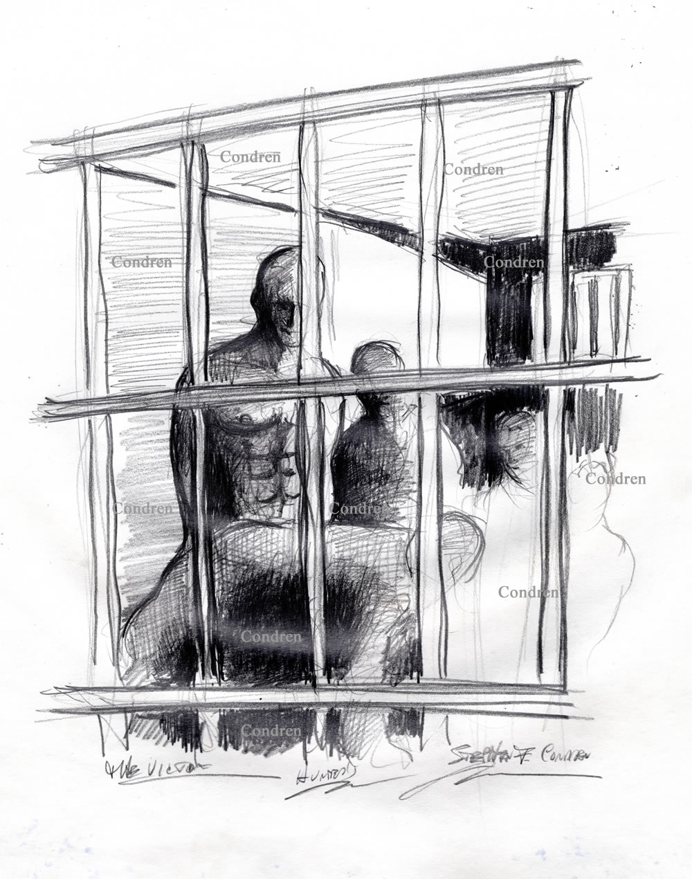 Victor at prison rape of a naked new inmate. Inmates are raping a new inmate in his cell. Pencil gay male figure drawing.