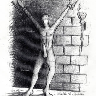 Naked boy chained to a dungeon wall to be made a gay sex slave for BDSM torture orgies. Pencil gay male figure drawing.