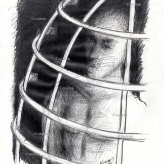 Naked boy in cage held as a prisoner to older masters to forcibly be made a sex slave at an all-male BDSM gay orgy. Pencil gay male figure drawing.