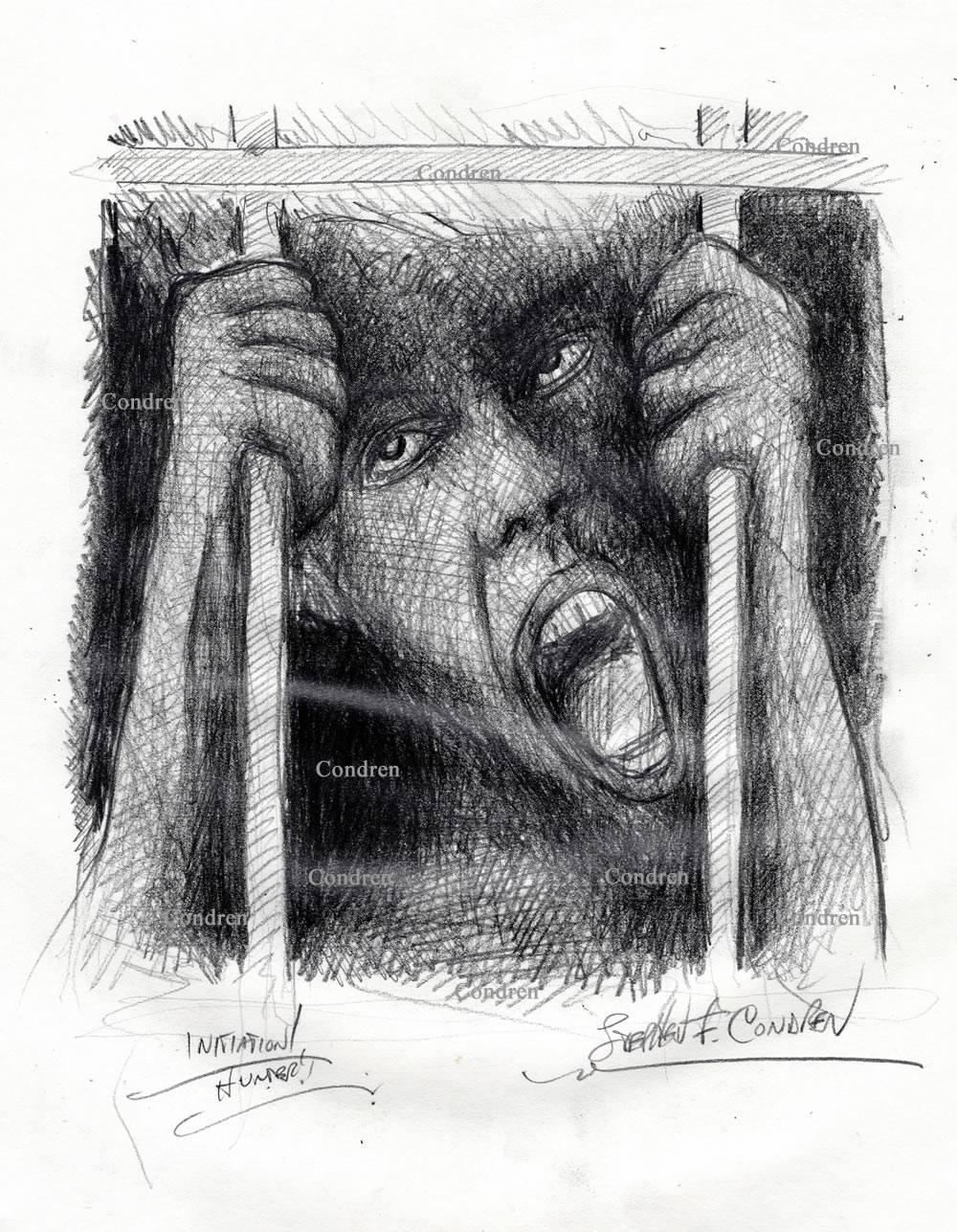 Boy being raped in his prison cell block by cell master's as punishment for slow submission. He is screaming as he is gang raped and the prison guards watch with delight. Gay male figure drawing.
