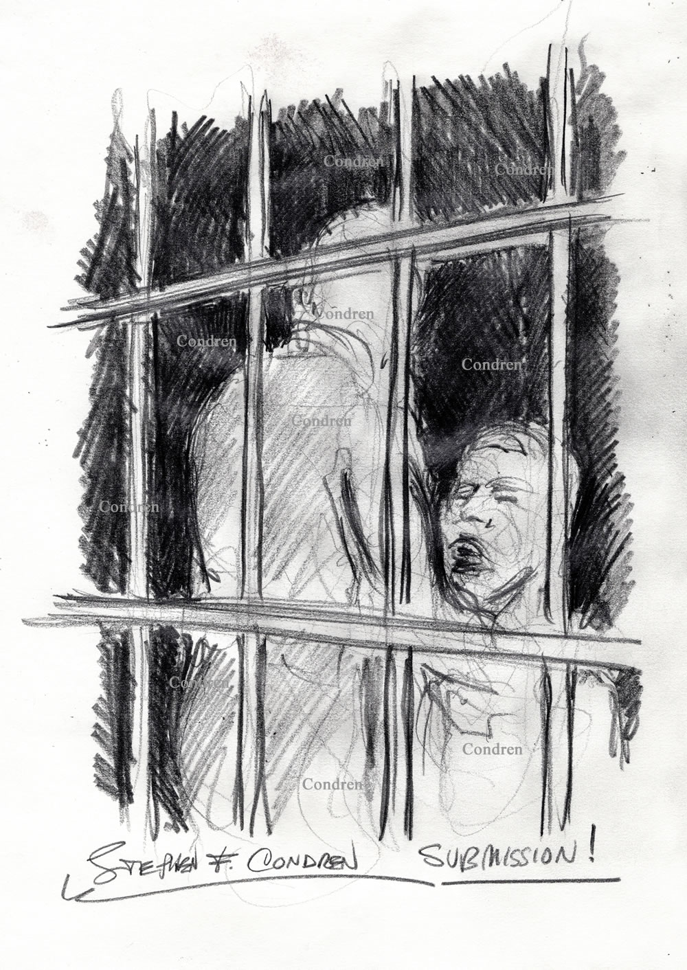 Submission of inmate on his knees before to his cellmate. Pencil gay male figure drawing.