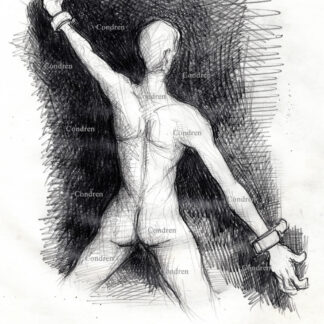 Naked boy cuffed to a dungeon wall, facing it in the darkness with his legs spread wide opened and his arms stretched out in cuffs. Pencil gay male figure drawing.