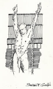 Naked boy in chains suspended while held captive in a BDSM torture chamber. Pen & ink gay male figure drawing. Bounded naked muscular man for BDSM sex. 