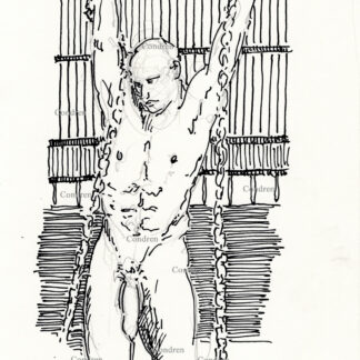Naked boy in chains suspended while held captive in a BDSM torture chamber. Pen & ink gay male figure drawing.