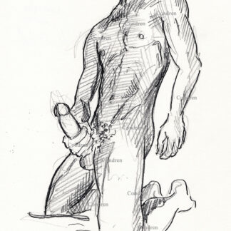 Nude boy jacking his huge cock and hairy balls while on his knees. Pencil gay male figure drawing.