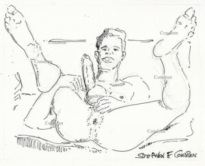 Naked boy's ass spread wide open with his legs in the air and a smile on his face, Pen & ink drawing.