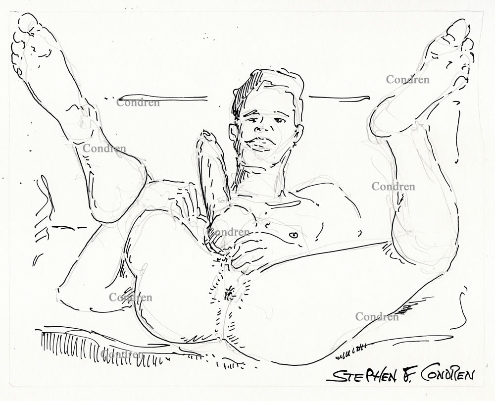 Naked boy's ass spread wide open with his legs in the air and a smile on his face, Pen & ink drawing.
