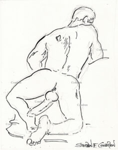 Ass of muscular naked gay boy with huge uncut cock and balls hanging down waiting to be fucked. Pen & ink drawing. Dude stroking.