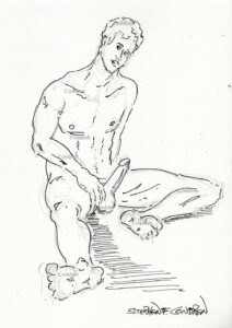 Naked boy hardon cock with throbbing erection looking at you while feeling his large hairy balls. Pen & ink drawing. Naked dude looking.
